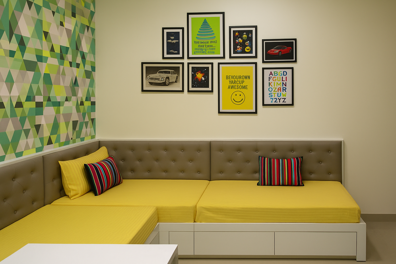 A wall of motivational posters that reflect a child’s personality