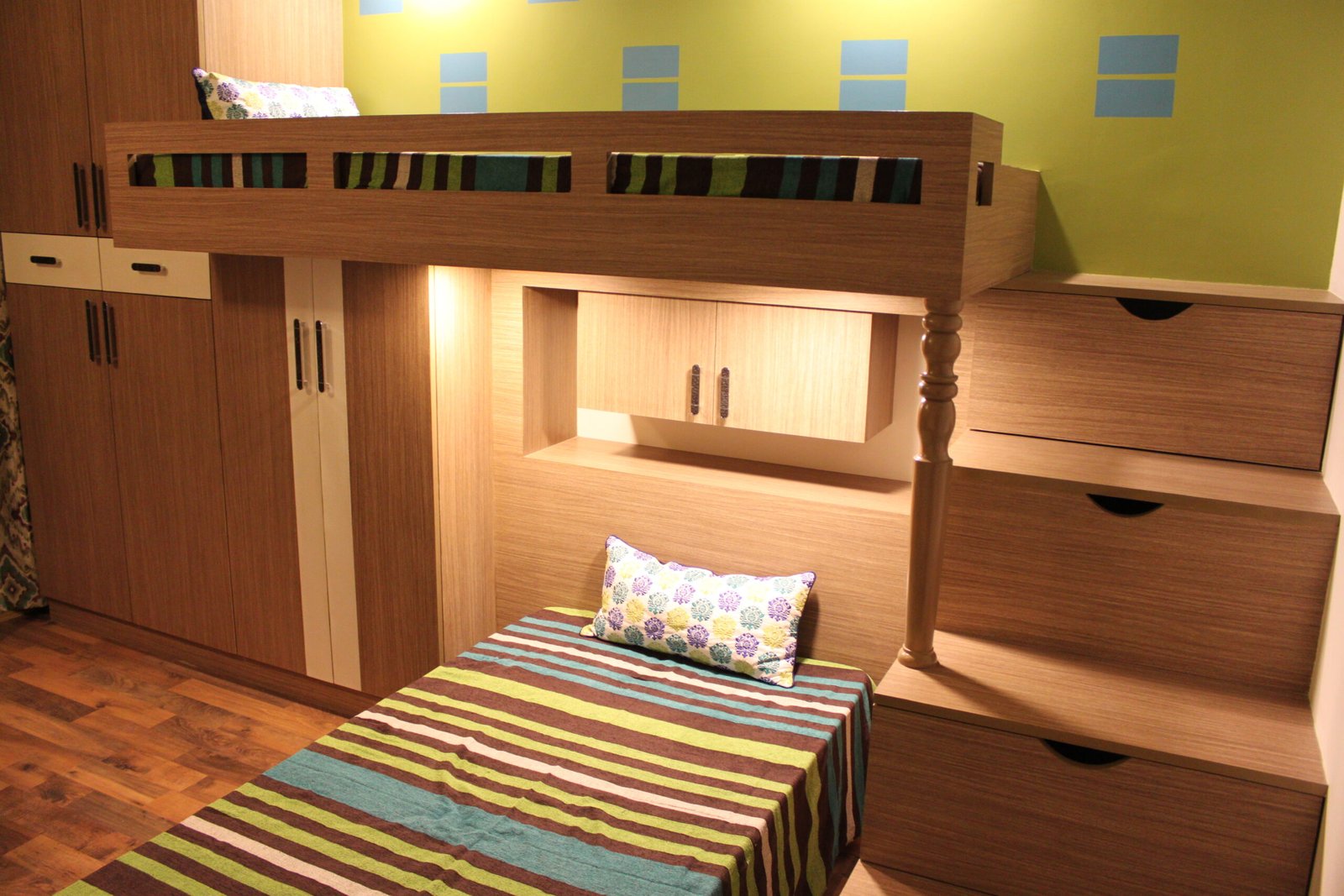 Cozy room with a bunk bed and storage